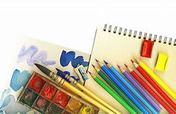 a drawn picture of art supplies - colored pencils, watercolors and a sketch pad